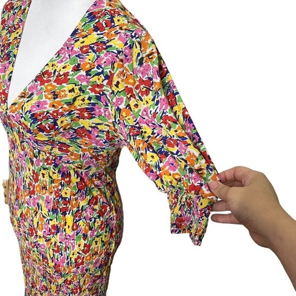 Rixo x Target Pink Multi Floral Midi Dress Puff Sleeves V Neck Women’s Size 6 - Picture 9 of 12